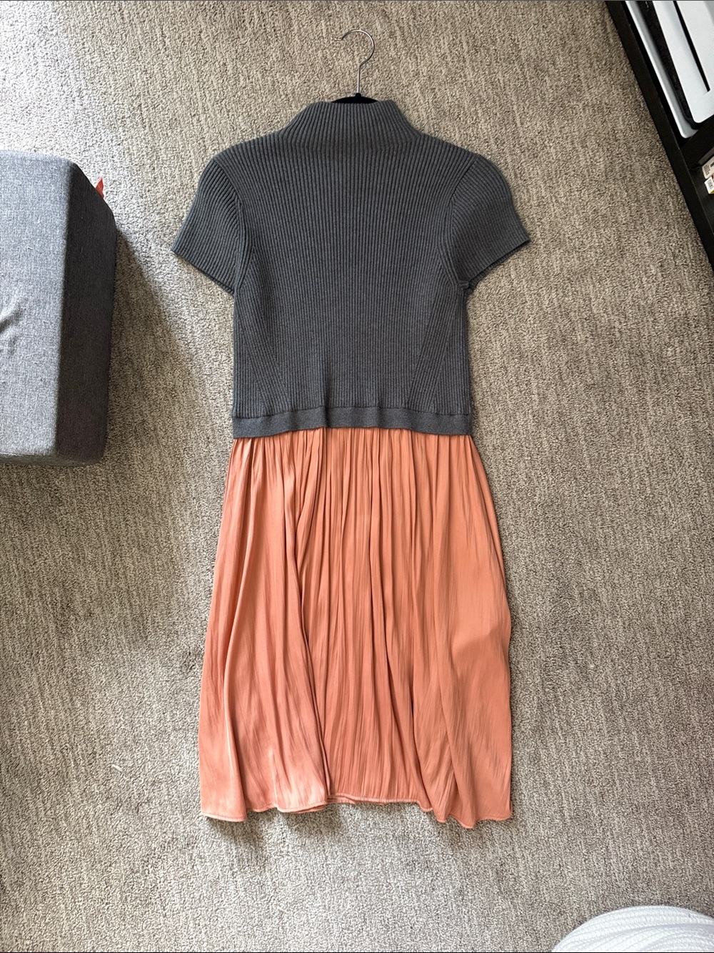 Anthropologie Gray Knit Bodice with Rust Pleated Midi Skirt Dress